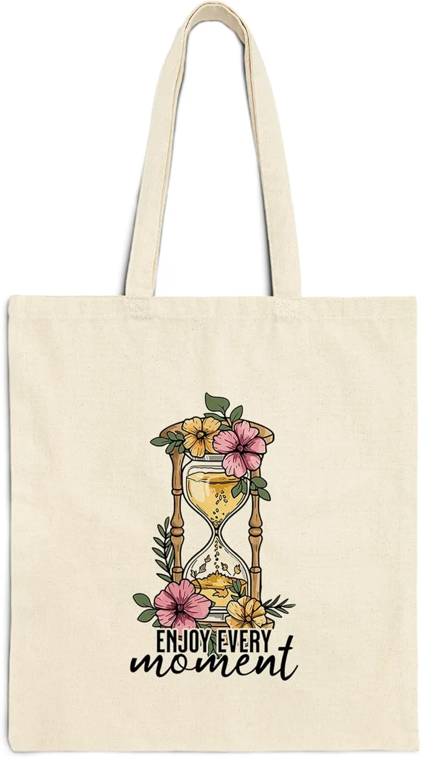 Enjoy Every Moment Cotton Tote Bag for Women Men Casual Tote Bag Cloth Canvas Shopping Bags with Handles Cute Bags Everyday Use 15" x 16" Aesthetic Gift ID44997