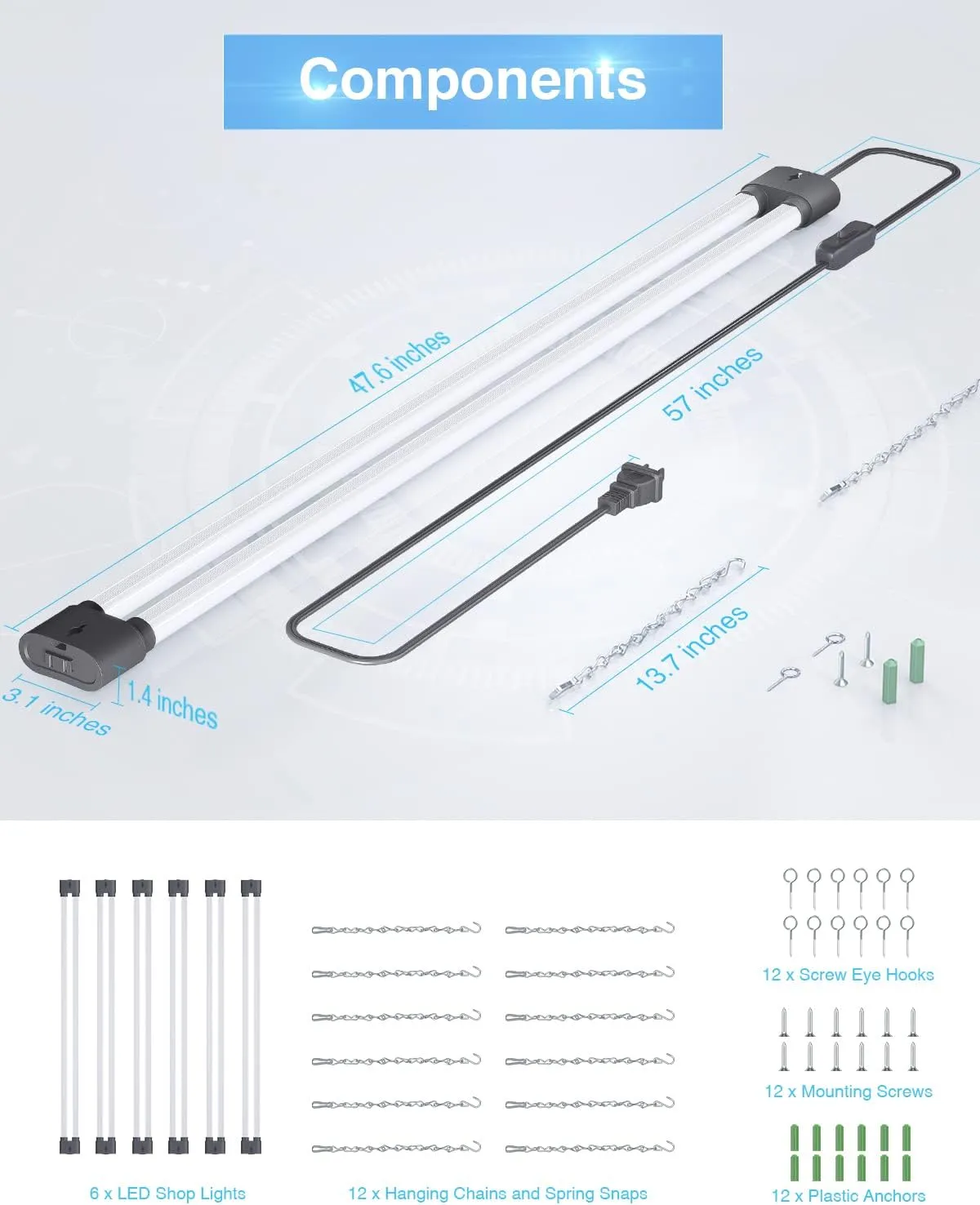 Ensenior 6 Pack Linkable Led Shop Light 4ft for Garage, 4400 High Lumens, 36W Equivalent 280W, 5000K Daylight, 48 Inch Utility Shop led Lights, Surface or Hanging Mount Fixtures, Black, ETL Certified