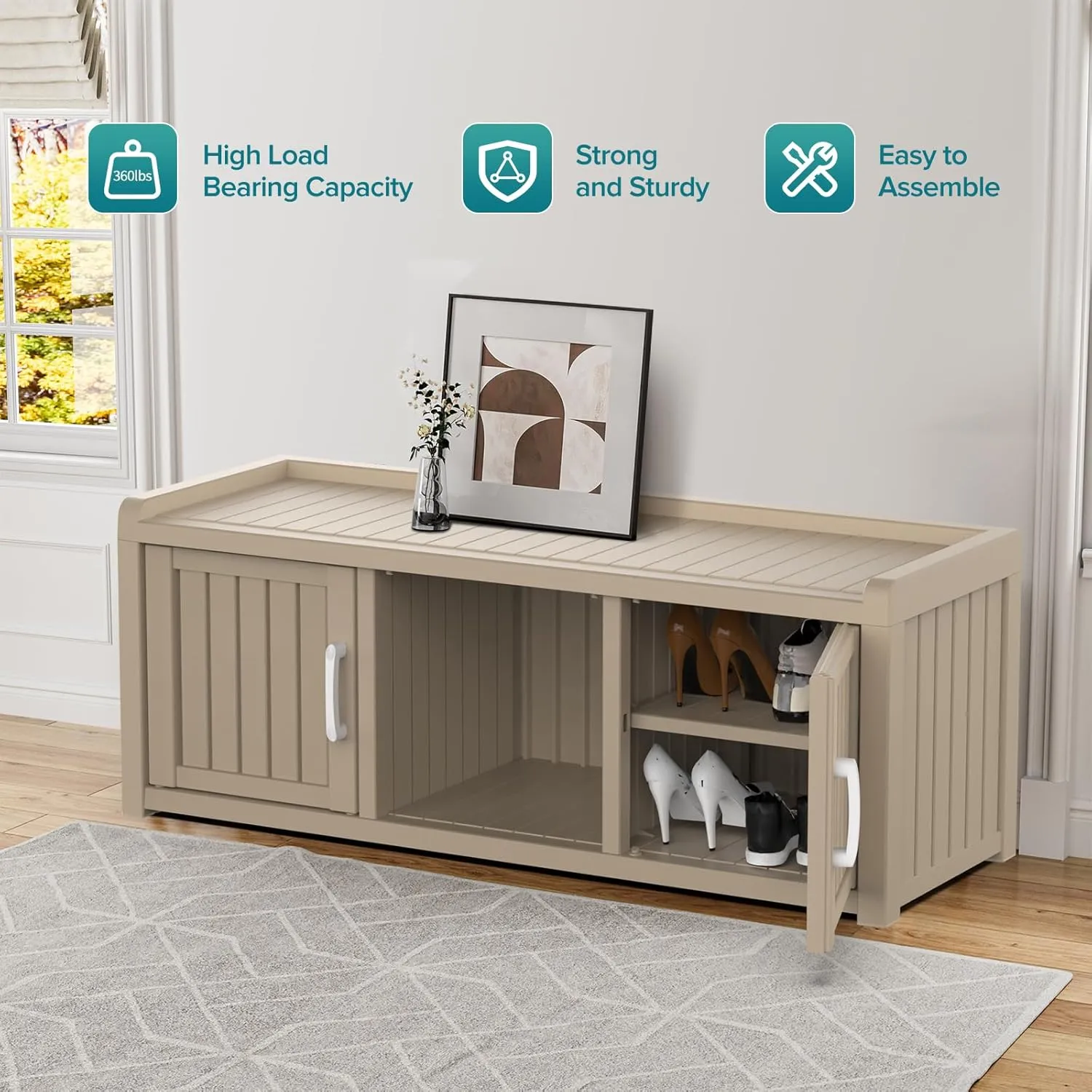 Entryway Shoe Bench with Storage, Industrial Hallway Bench with Adjustable Shelves, Rustic (Beige, Dual-Sided)