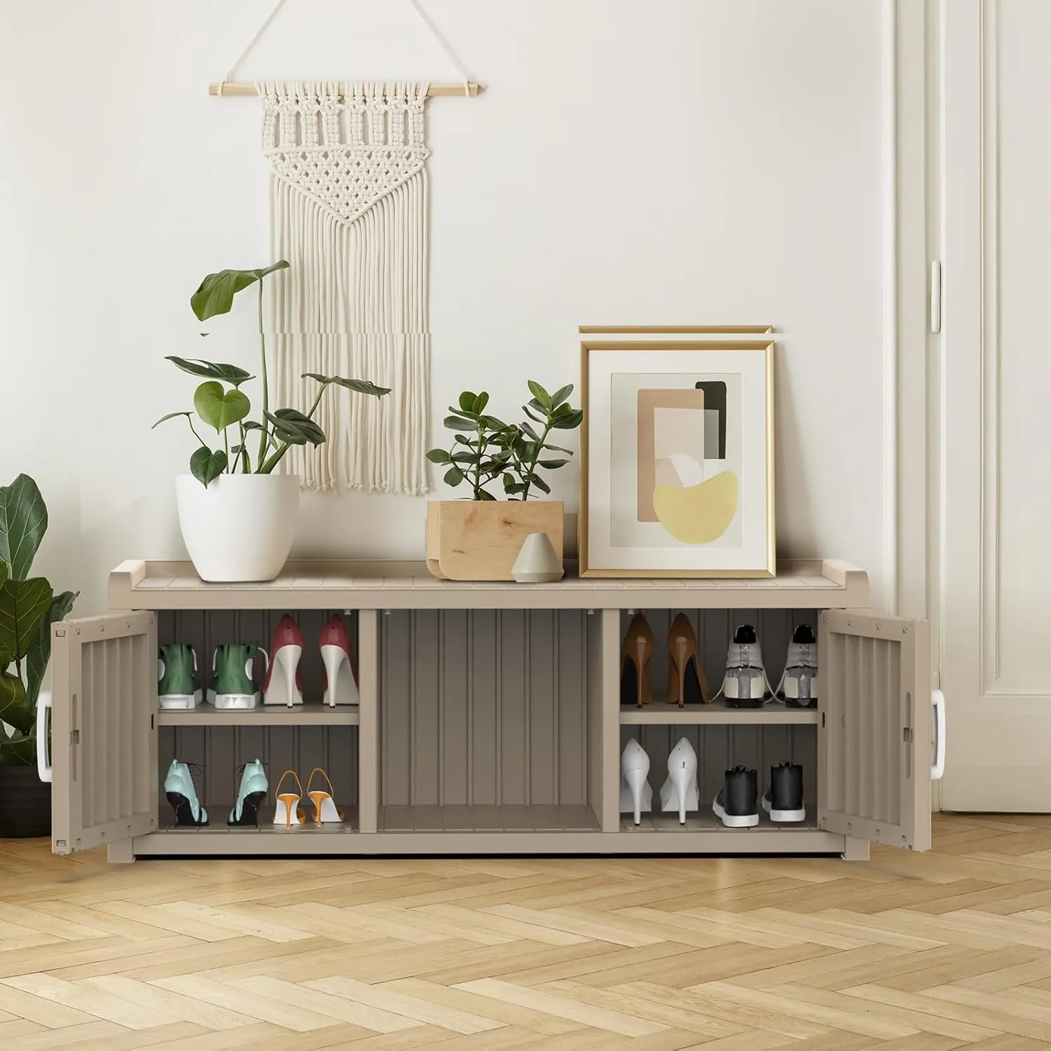Entryway Shoe Bench with Storage, Industrial Hallway Bench with Adjustable Shelves, Rustic (Beige, Dual-Sided)