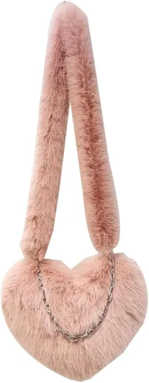Epsion Women Faux Fur Fluffy Shoulder Bags Cute Heart Crossbody Bag Furry Handbag Purse