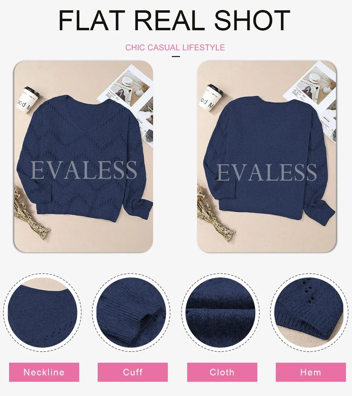 EVALESS Women's Crochet Sweater Top Hollow Out Long Sleeve Pullover Tops Fall Outfits Fashion 2024
