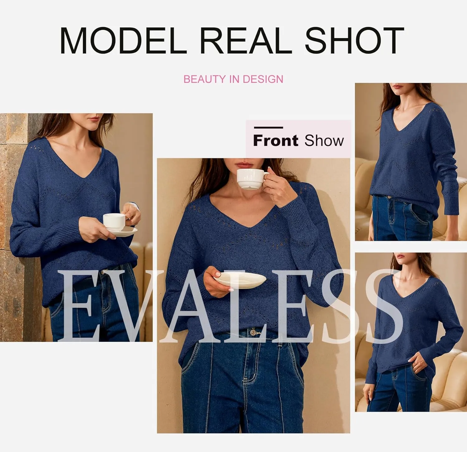 EVALESS Women's Crochet Sweater Top Hollow Out Long Sleeve Pullover Tops Fall Outfits Fashion 2024
