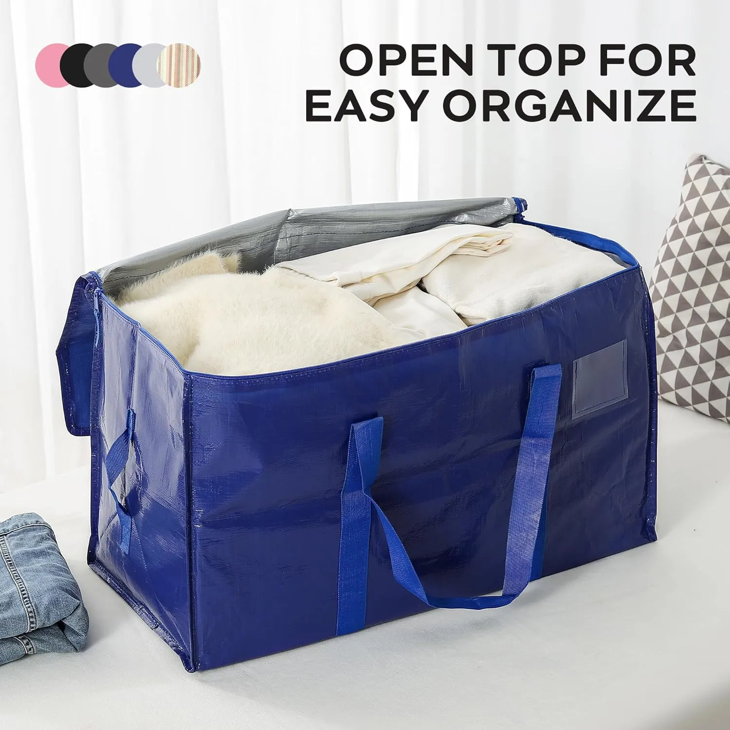 Extra Large Moving Bags, 6 Pack Blue Heavy Duty Totes For Storage with Wrap Around Handles, Storage Bags for Space Saving, Alternative to Boxes & Bins