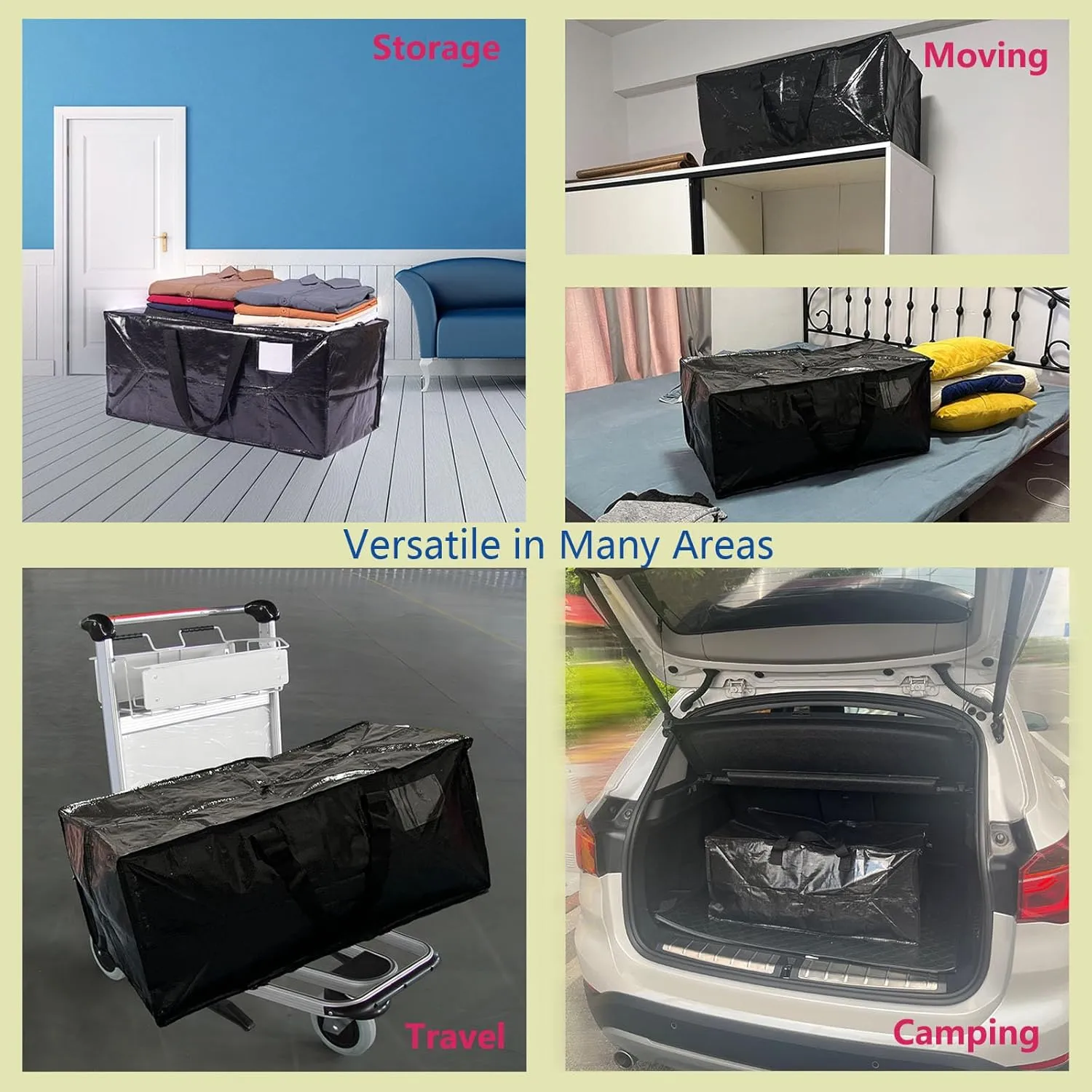 Extra Large Moving Bags,Collapsible Storage Bins,Heavy Duty Tote,Oversized Packing Supplies with Strong Handles,Large Bags With Smooth Zipper,Storage Boxes Alternative (Black,2Pack)
