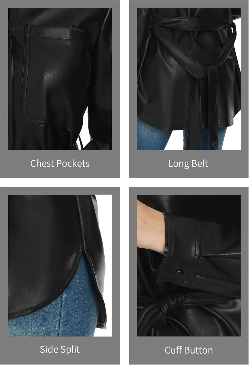 Fahsyee Women Faux Leather Shacket Moto Biker Shirts Loose Fit Blazer Long Sleeves Button Casual Jacket Plus Size S-XXL