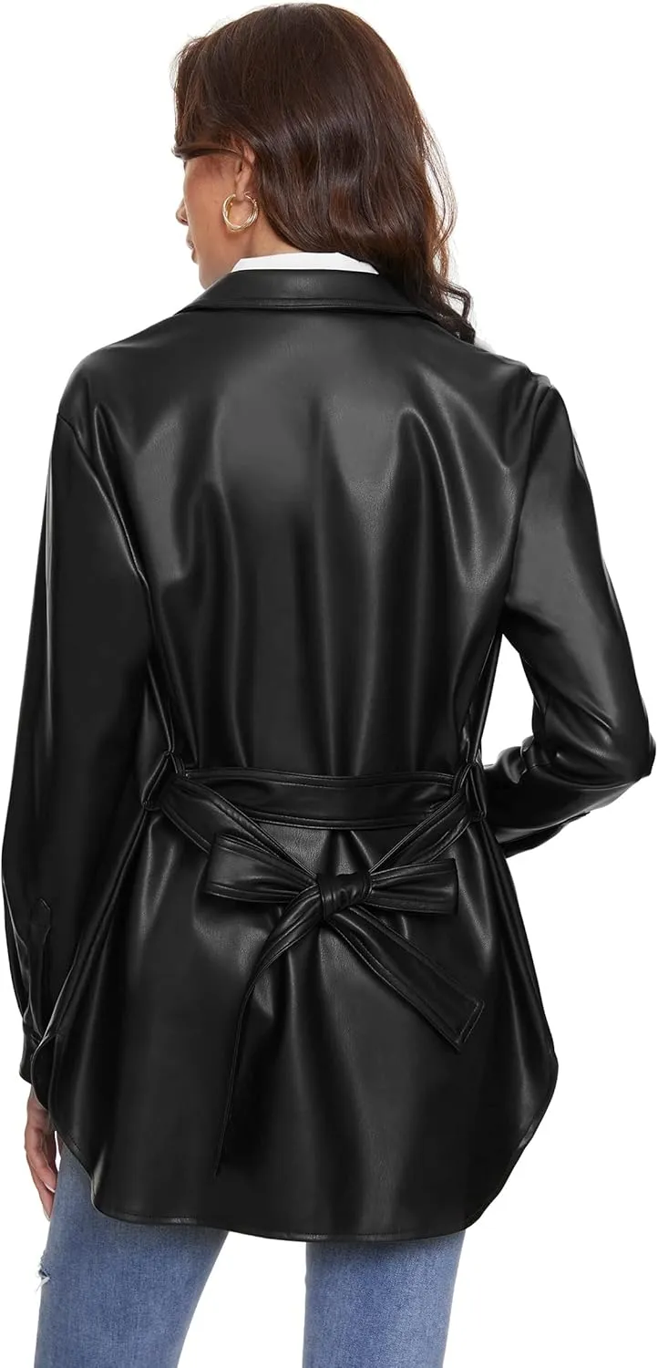 Fahsyee Women Faux Leather Shacket Moto Biker Shirts Loose Fit Blazer Long Sleeves Button Casual Jacket Plus Size S-XXL