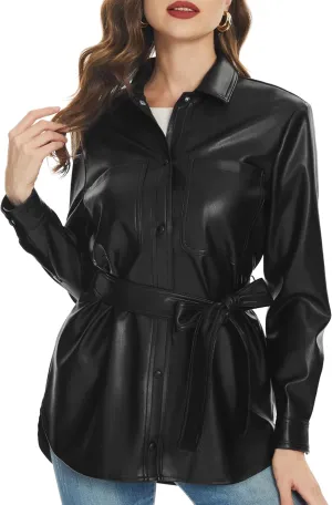 Fahsyee Women Faux Leather Shacket Moto Biker Shirts Loose Fit Blazer Long Sleeves Button Casual Jacket Plus Size S-XXL