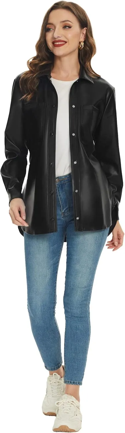 Fahsyee Women Faux Leather Shacket Moto Biker Shirts Loose Fit Blazer Long Sleeves Button Casual Jacket Plus Size S-XXL