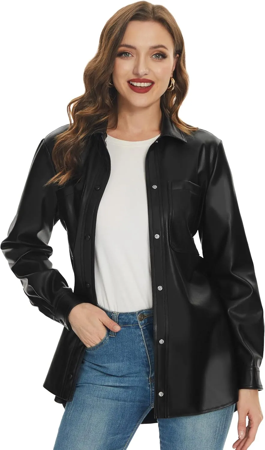 Fahsyee Women Faux Leather Shacket Moto Biker Shirts Loose Fit Blazer Long Sleeves Button Casual Jacket Plus Size S-XXL