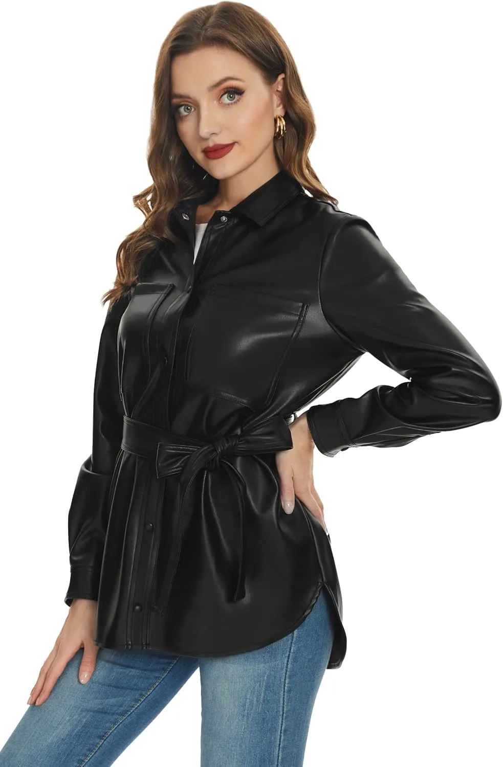 Fahsyee Women Faux Leather Shacket Moto Biker Shirts Loose Fit Blazer Long Sleeves Button Casual Jacket Plus Size S-XXL