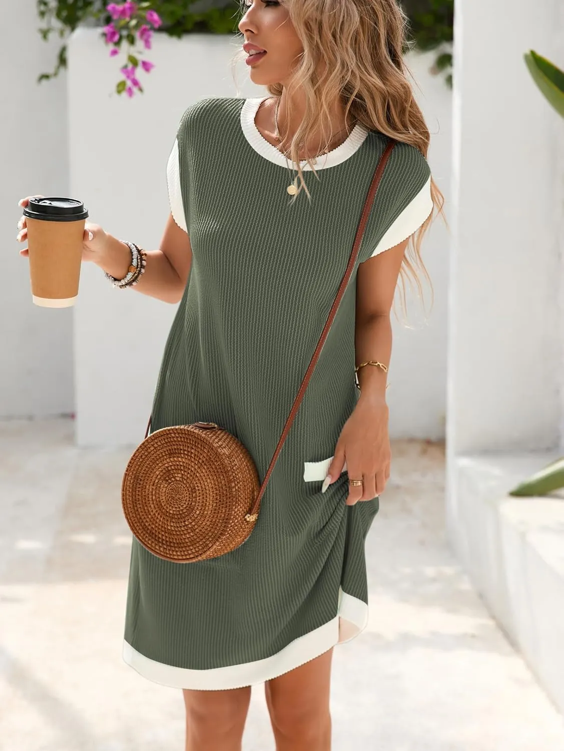 Famulily Women's Casual Summer Dresses Ribbed Knit Colorblock Crewneck Cap Sleeve Soft Dress for Women with Patch Pockets