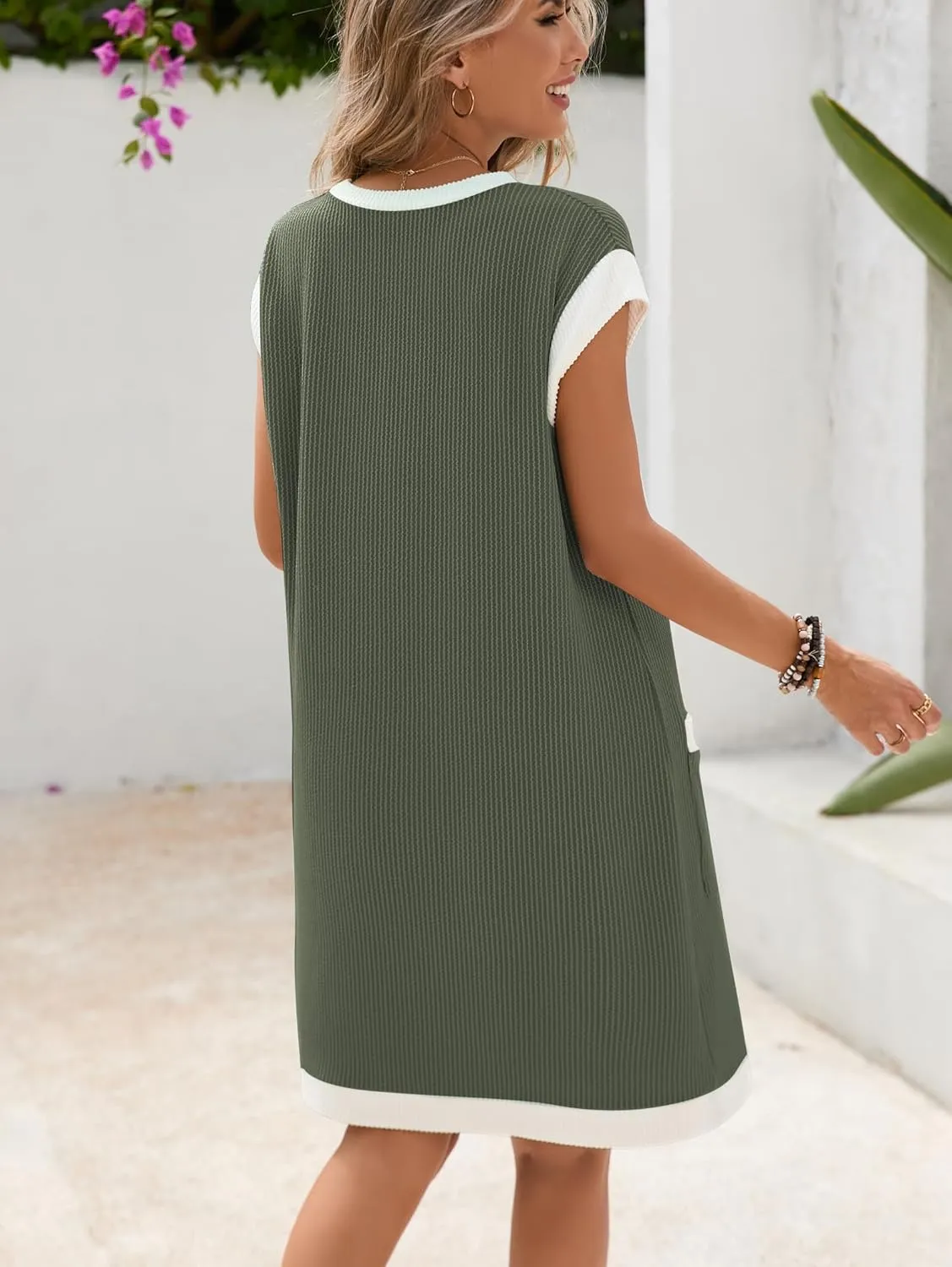 Famulily Women's Casual Summer Dresses Ribbed Knit Colorblock Crewneck Cap Sleeve Soft Dress for Women with Patch Pockets