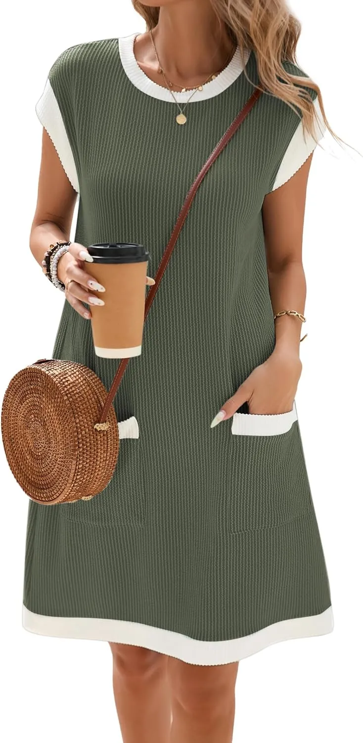 Famulily Women's Casual Summer Dresses Ribbed Knit Colorblock Crewneck Cap Sleeve Soft Dress for Women with Patch Pockets