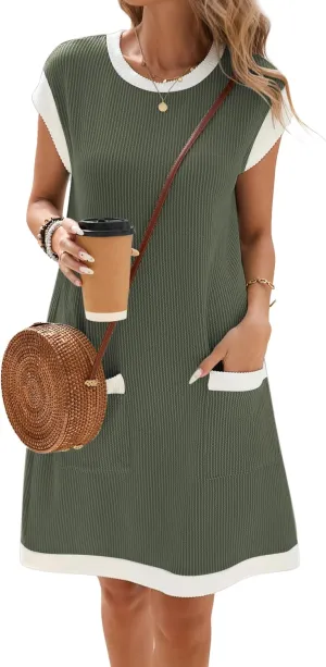 Famulily Women's Casual Summer Dresses Ribbed Knit Colorblock Crewneck Cap Sleeve Soft Dress for Women with Patch Pockets