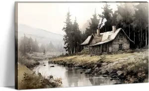 Farmhouse Canvas Wall Art Country Mountain Cabin Pictures Country Room Painting Vintage Rustic Scenery Prints for Living Room Bathroom Home Decor Framed(16.00x24.00 inch)