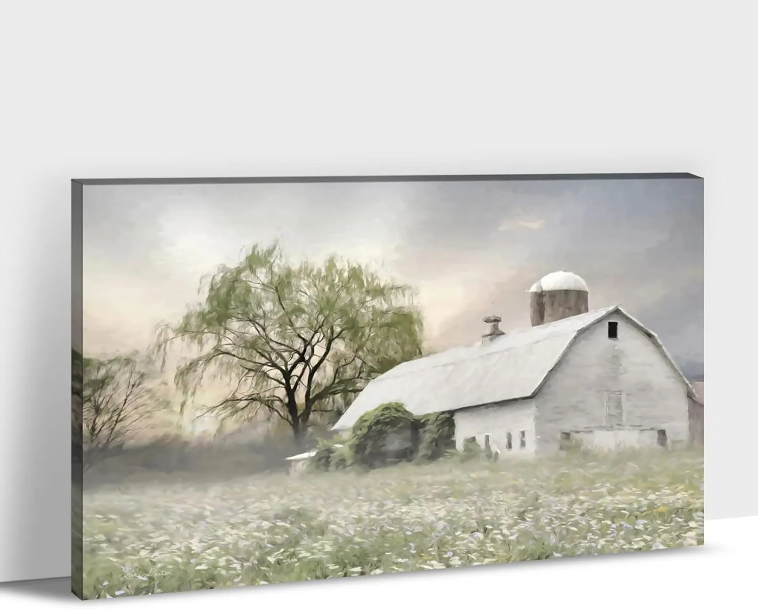 Farmhouse Canvas Wall Art - Old Barn Windmill Canvas Pictures, Modern Rustic Landscape Wall Art for Living Room Wall Decor, White Barn Painting Framed Artwork for Bedroom Decor 24"x36"