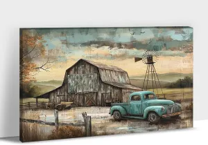 Farmhouse Prints Wall Art, Vintage Barn and Old Truck Picture Canvas Wall Art, Retro Windmill Canvas Prints, Country Rustic Landscape Picture for Farmhouse Living Room, Bedroom Wall Decor 24x36 Inches