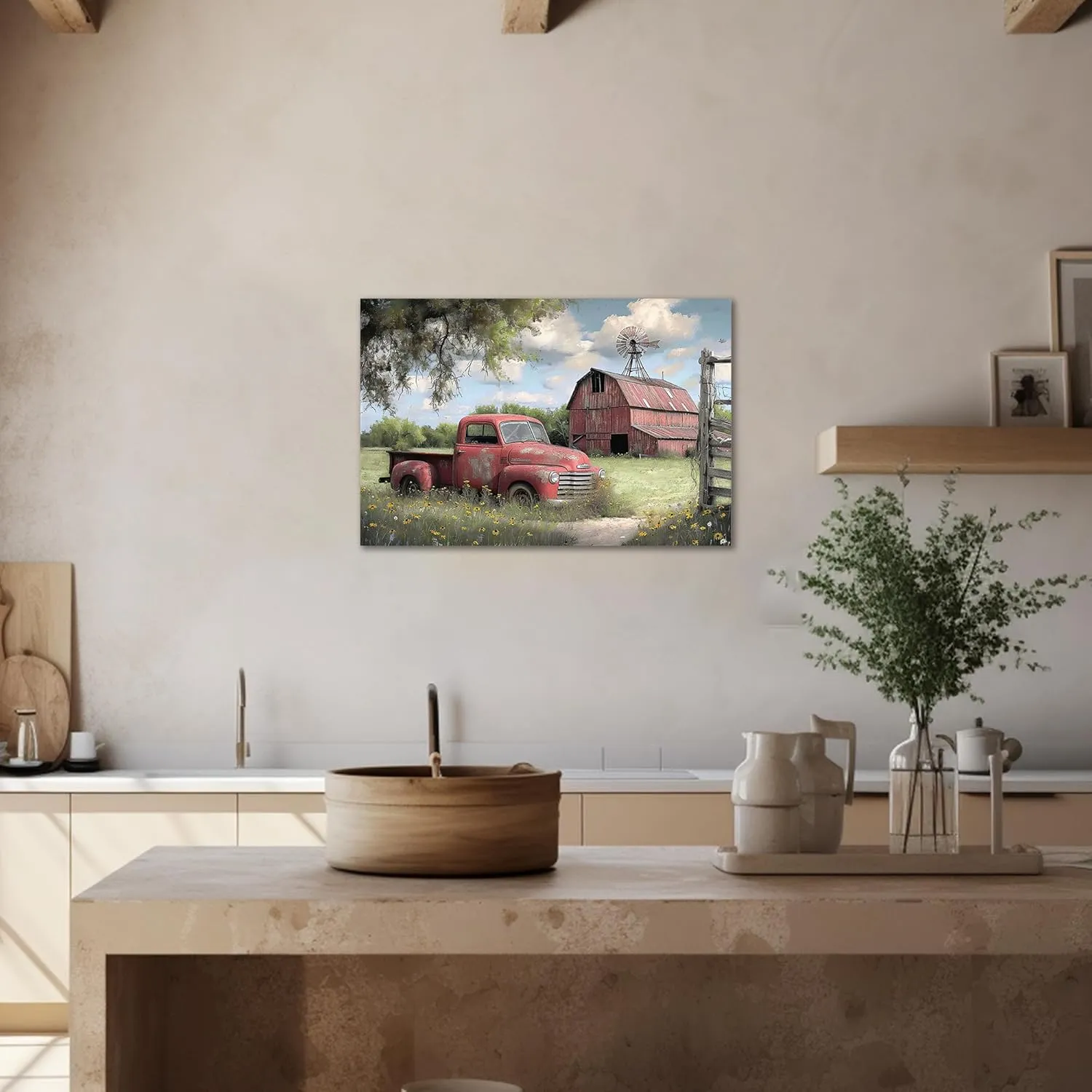 Farmhouse Truck Wall Art, Spring Canvas Prints, Old Pickup Truck & Windmill Pictures for Living Room Wall Decoration, Rustic Country Landscape Art Painting Poster for Home Wall Decor 24"Hx36"W Inches
