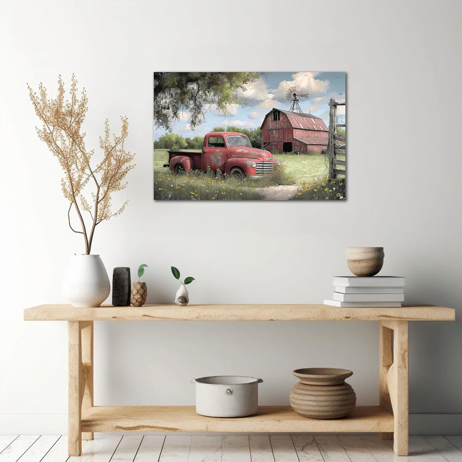 Farmhouse Truck Wall Art, Spring Canvas Prints, Old Pickup Truck & Windmill Pictures for Living Room Wall Decoration, Rustic Country Landscape Art Painting Poster for Home Wall Decor 24"Hx36"W Inches