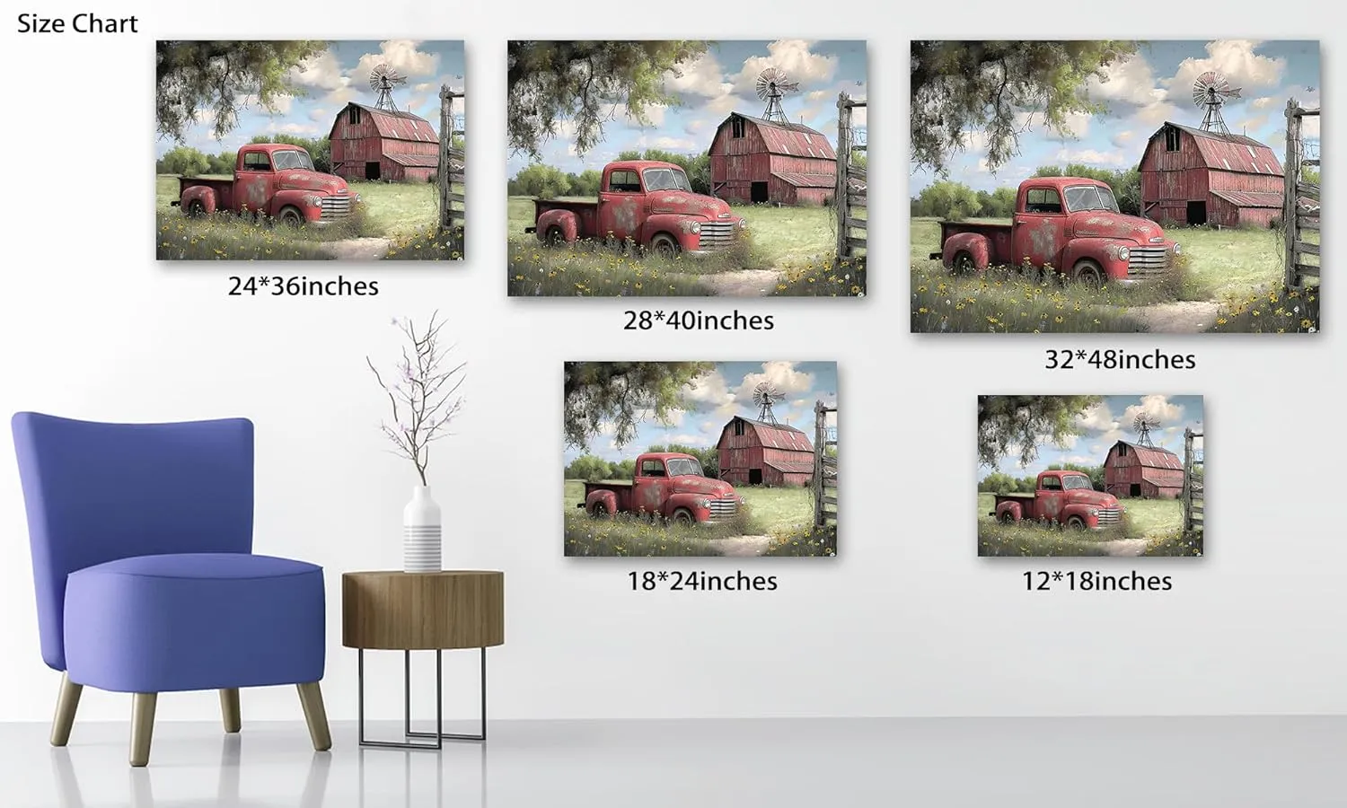 Farmhouse Truck Wall Art, Spring Canvas Prints, Old Pickup Truck & Windmill Pictures for Living Room Wall Decoration, Rustic Country Landscape Art Painting Poster for Home Wall Decor 24"Hx36"W Inches