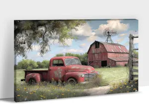 Farmhouse Truck Wall Art, Spring Canvas Prints, Old Pickup Truck & Windmill Pictures for Living Room Wall Decoration, Rustic Country Landscape Art Painting Poster for Home Wall Decor 24"Hx36"W Inches