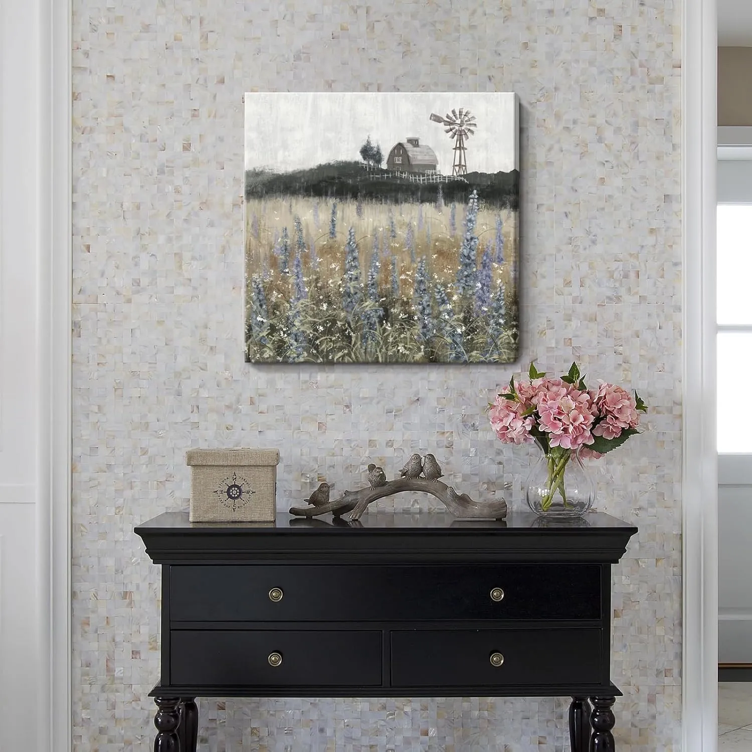 Farmhouse Wall Art for Living Room Classical Scenery Canvas Print Rustic Countryside Wildflower Field Landscape Nature Wilderness Meadow Picture Vintage Windmill Barn Painting Framed Artwork 24x24inch
