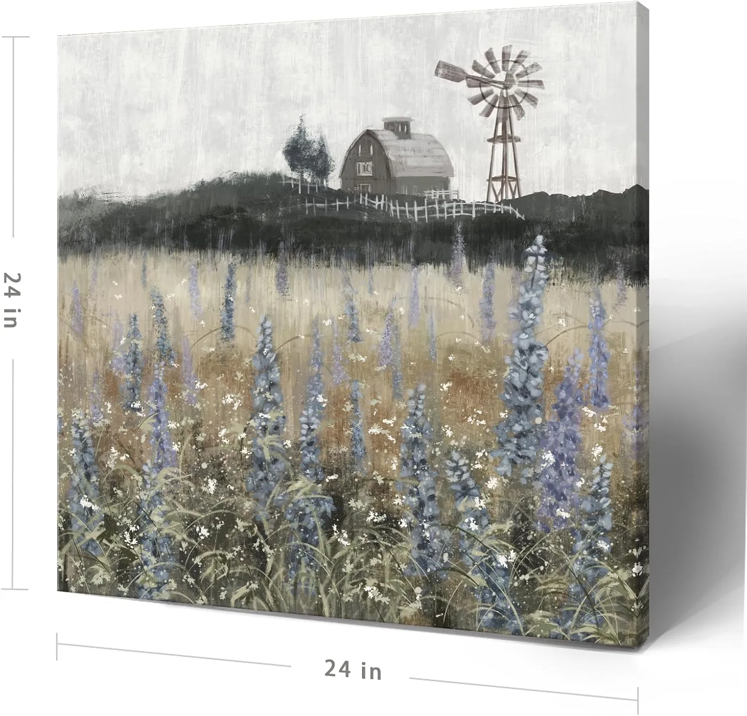 Farmhouse Wall Art for Living Room Classical Scenery Canvas Print Rustic Countryside Wildflower Field Landscape Nature Wilderness Meadow Picture Vintage Windmill Barn Painting Framed Artwork 24x24inch
