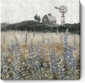 Farmhouse Wall Art for Living Room Classical Scenery Canvas Print Rustic Countryside Wildflower Field Landscape Nature Wilderness Meadow Picture Vintage Windmill Barn Painting Framed Artwork 24x24inch