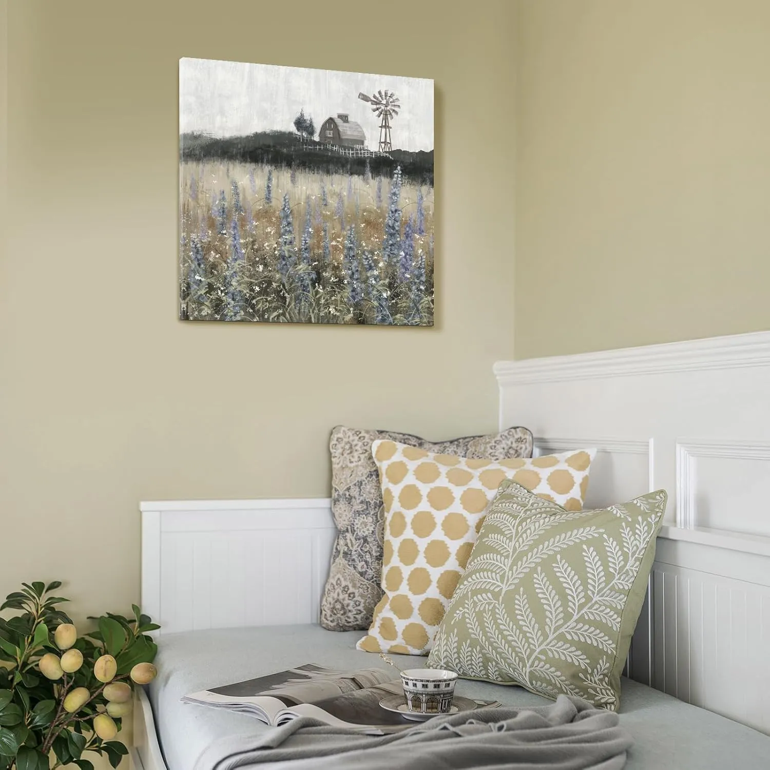 Farmhouse Wall Art for Living Room Classical Scenery Canvas Print Rustic Countryside Wildflower Field Landscape Nature Wilderness Meadow Picture Vintage Windmill Barn Painting Framed Artwork 24x24inch