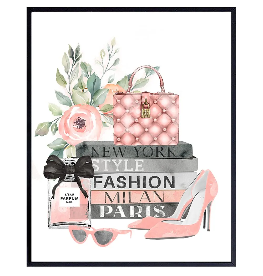 Fashion Wall Art & Decor for Designer Handbag Purse Shoes Perfume Fan - Glam Wall Decor - Luxury Gift for Woman Fashionista Girl - Fashion designer Fashion design Yellowbird Art & Design UNFRAMED 8x10
