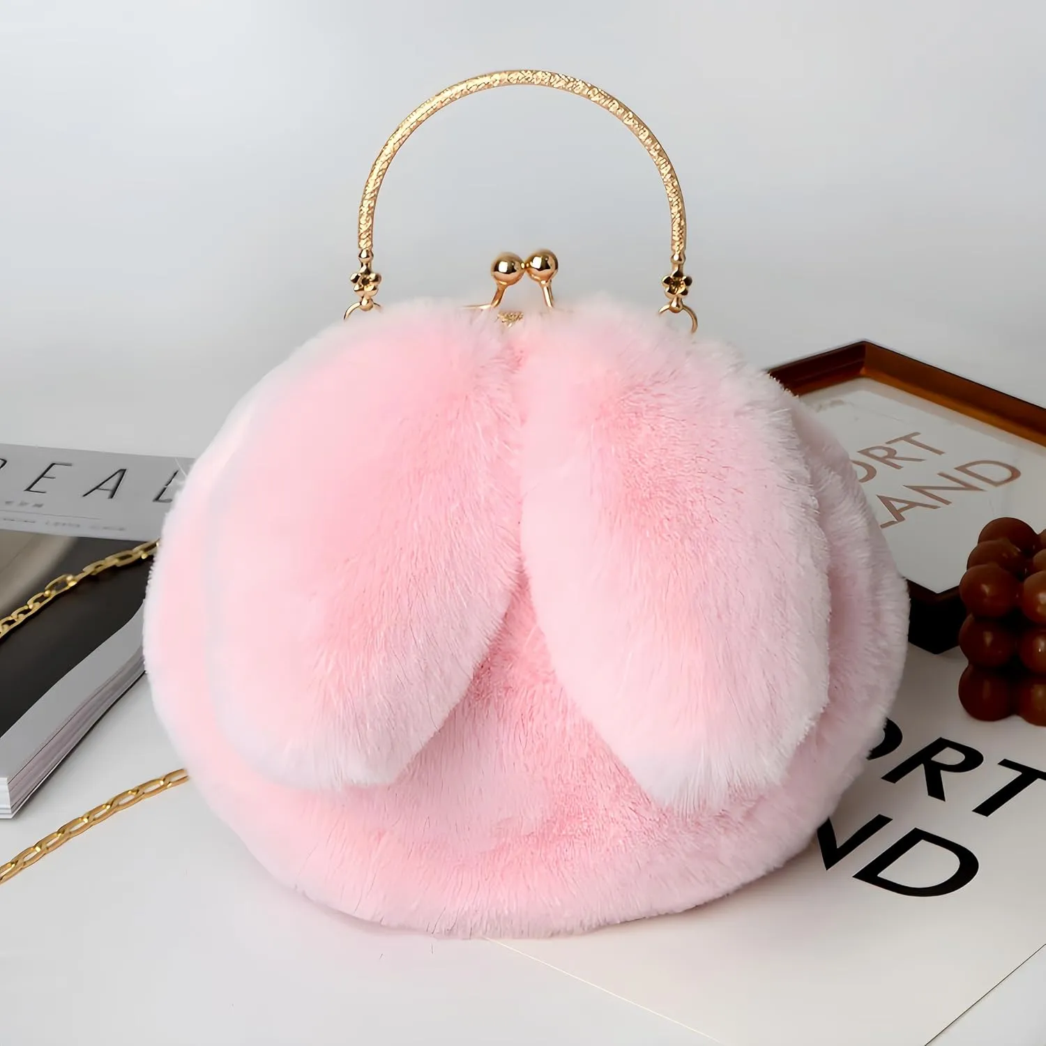 Fashionable Cute Plush Bunny Bag, Women'S Crossbody Handbag with Rabbit Ears Clip Bag