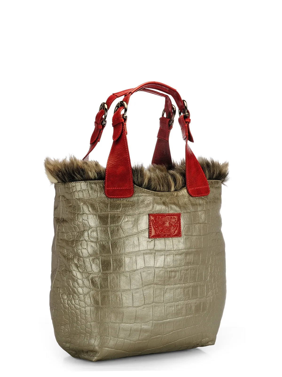 Faux Fur & Croco Embossed Shopper with Leather Trims
