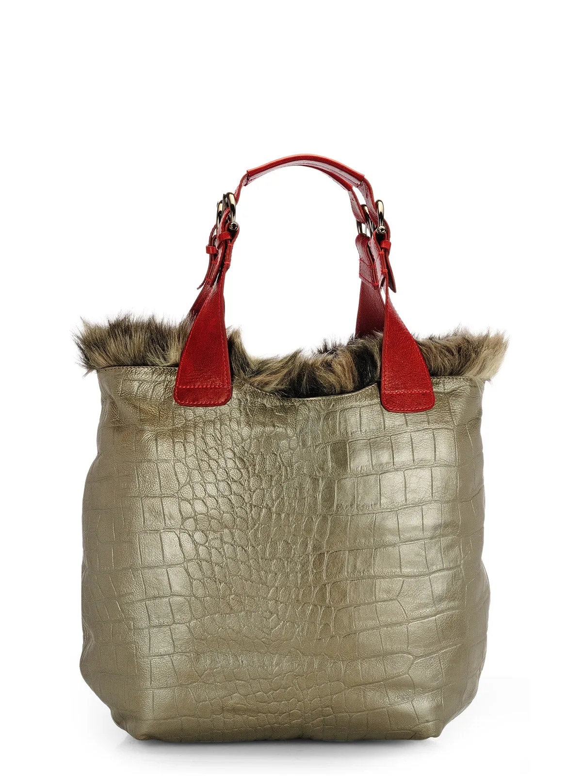 Faux Fur & Croco Embossed Shopper with Leather Trims