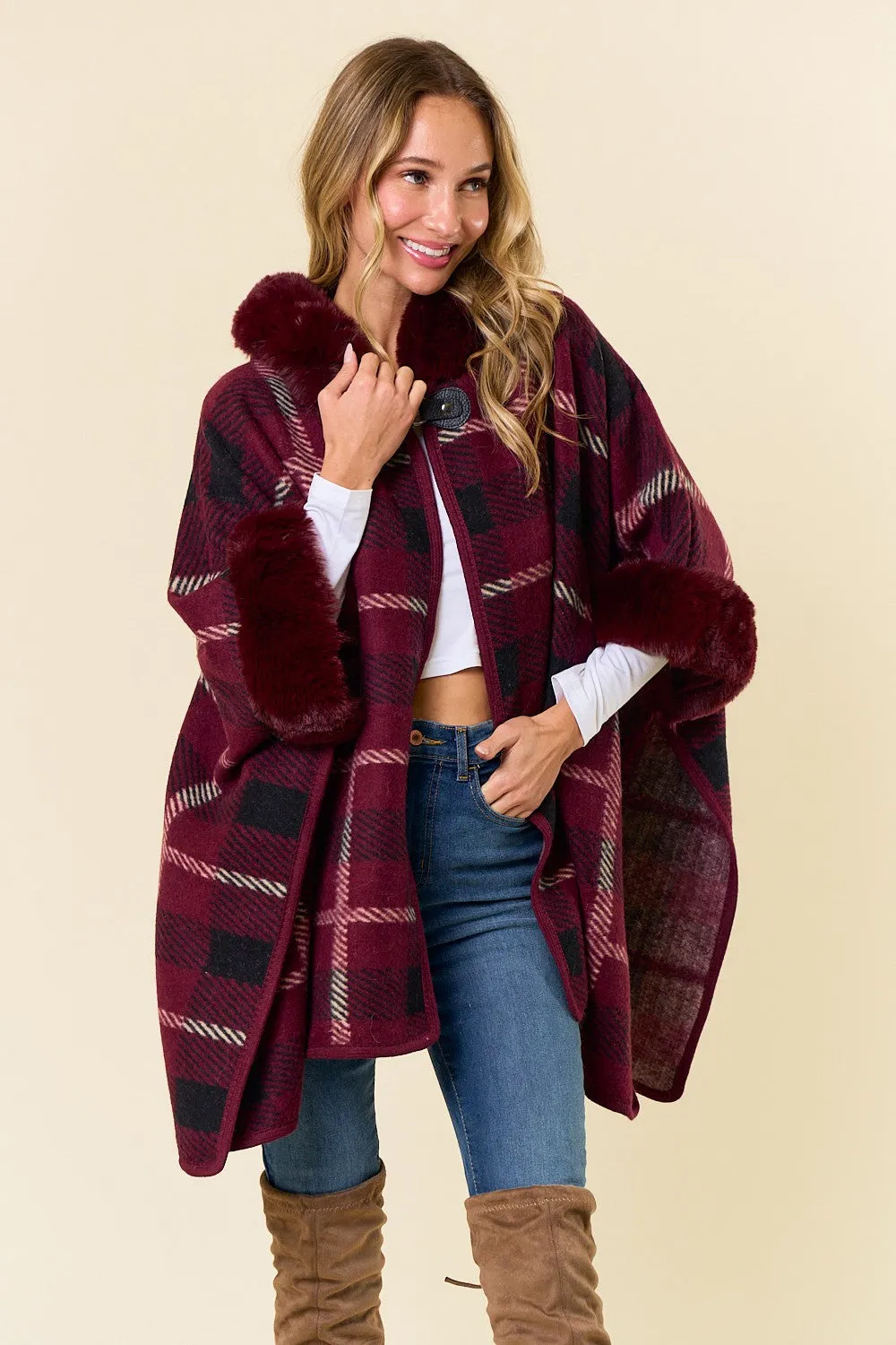 Faux Fur Coat w/ Plaid Jacquard