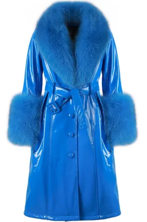 Faux Fur Collar Genuine Patent Leather Trench Coat