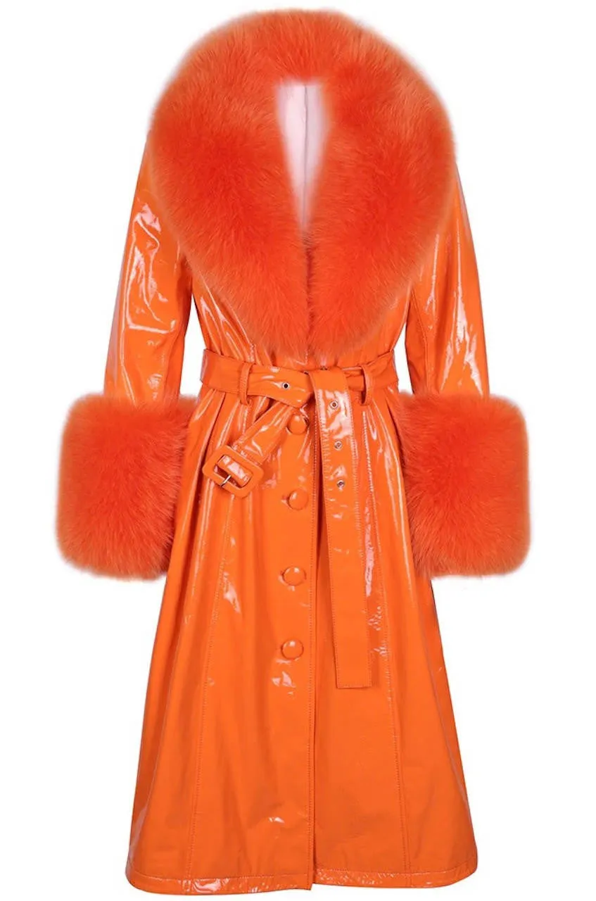 Faux Fur Collar Genuine Patent Leather Trench Coat