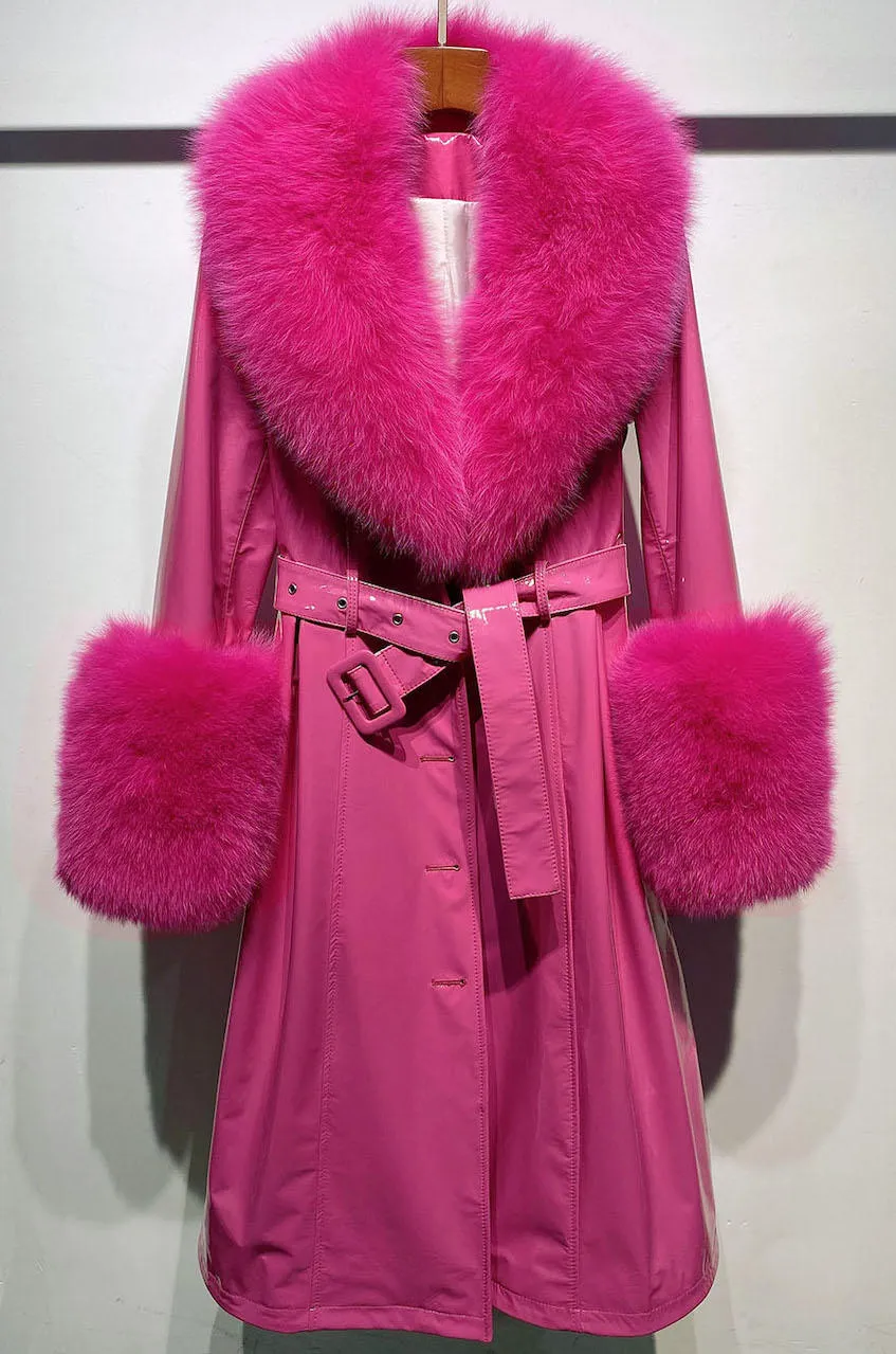 Faux Fur Collar Genuine Patent Leather Trench Coat