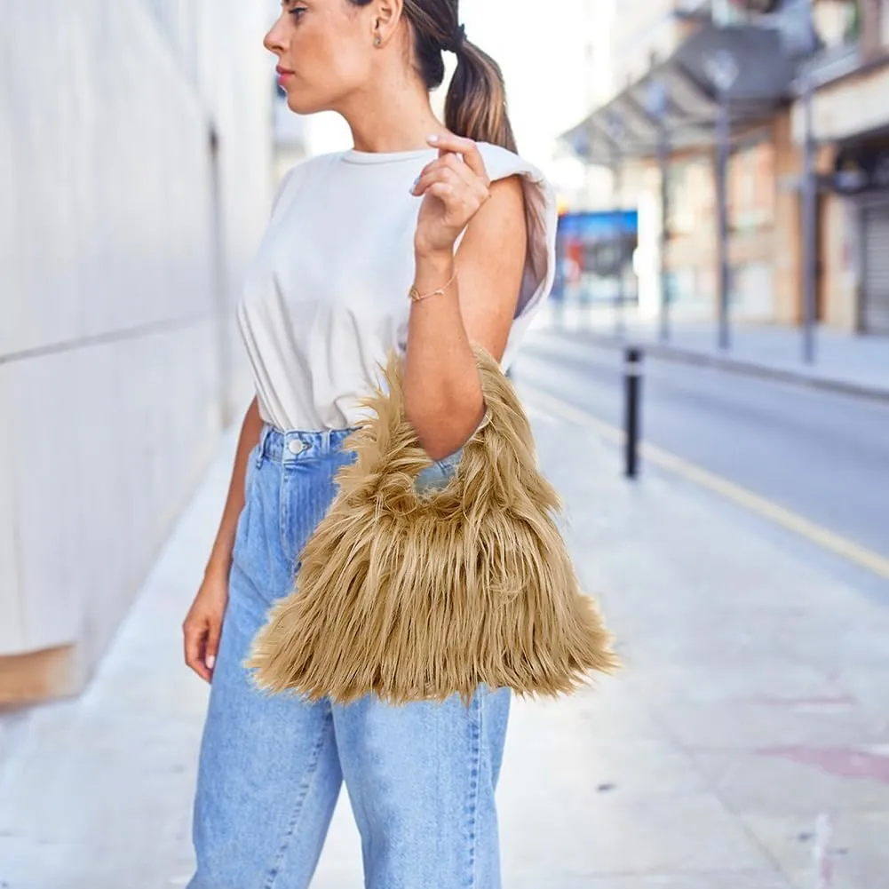 Faux Fur Handbags Furry Fluffy Fuzzy Bags Plush Tote Cute Handbag Faux Fur Crossbody Bag Shoulder Bag for Women, Navy Blue