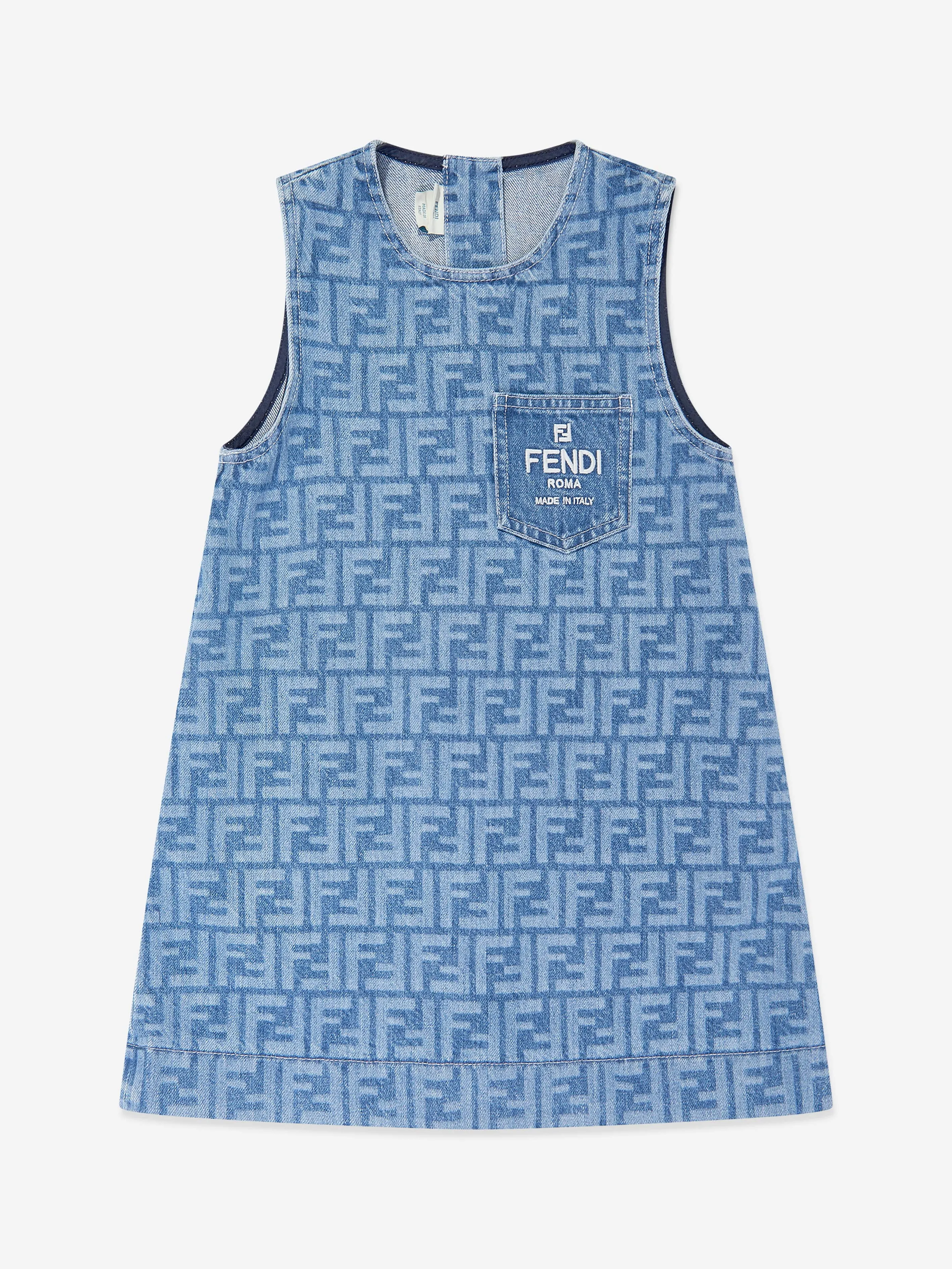Fendi Girls Denim Logo Dress in Blue