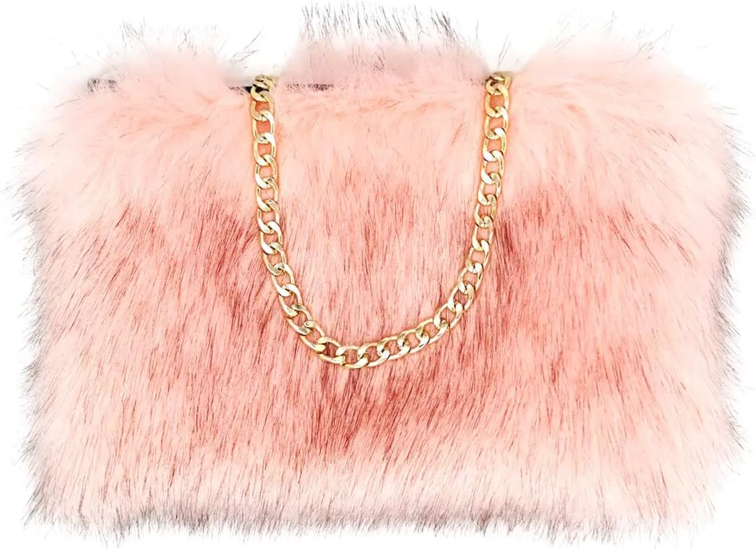FHQHTH Faux Fox Fur Purse Fuzzy Handbags for Women Evening Handbags Al alloy Shoulder Strap