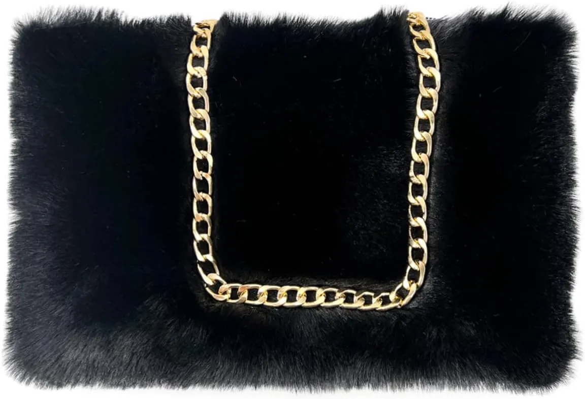 FHQHTH Faux Fox Fur Purse Fuzzy Handbags for Women Evening Handbags Al alloy Shoulder Strap