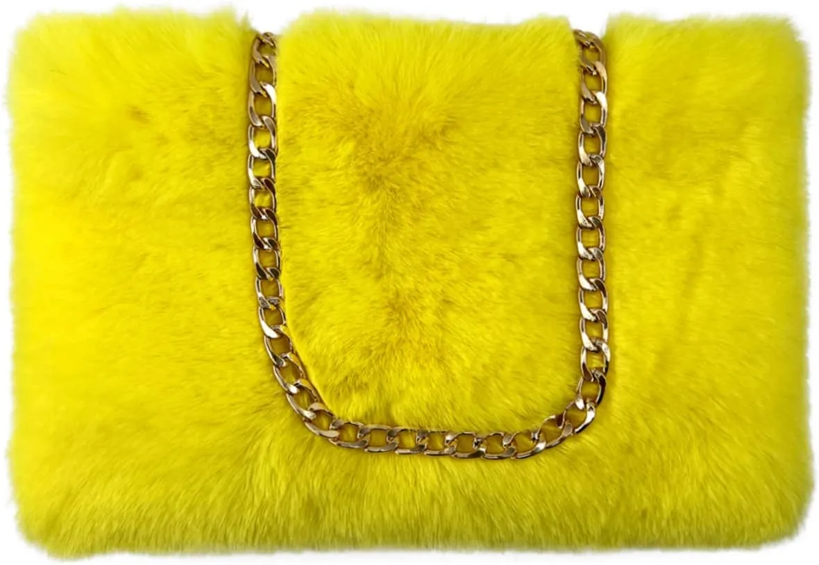 FHQHTH Faux Fox Fur Purse Fuzzy Handbags for Women Evening Handbags Al alloy Shoulder Strap
