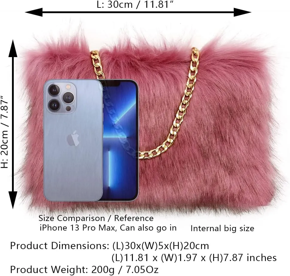 FHQHTH Faux Fox Fur Purse Fuzzy Handbags for Women Evening Handbags Al alloy Shoulder Strap