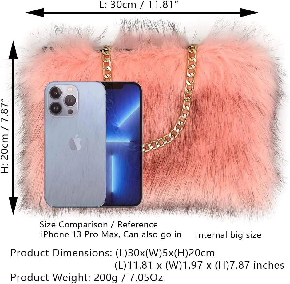 FHQHTH Faux Fox Fur Purse Fuzzy Handbags for Women Evening Handbags Al alloy Shoulder Strap