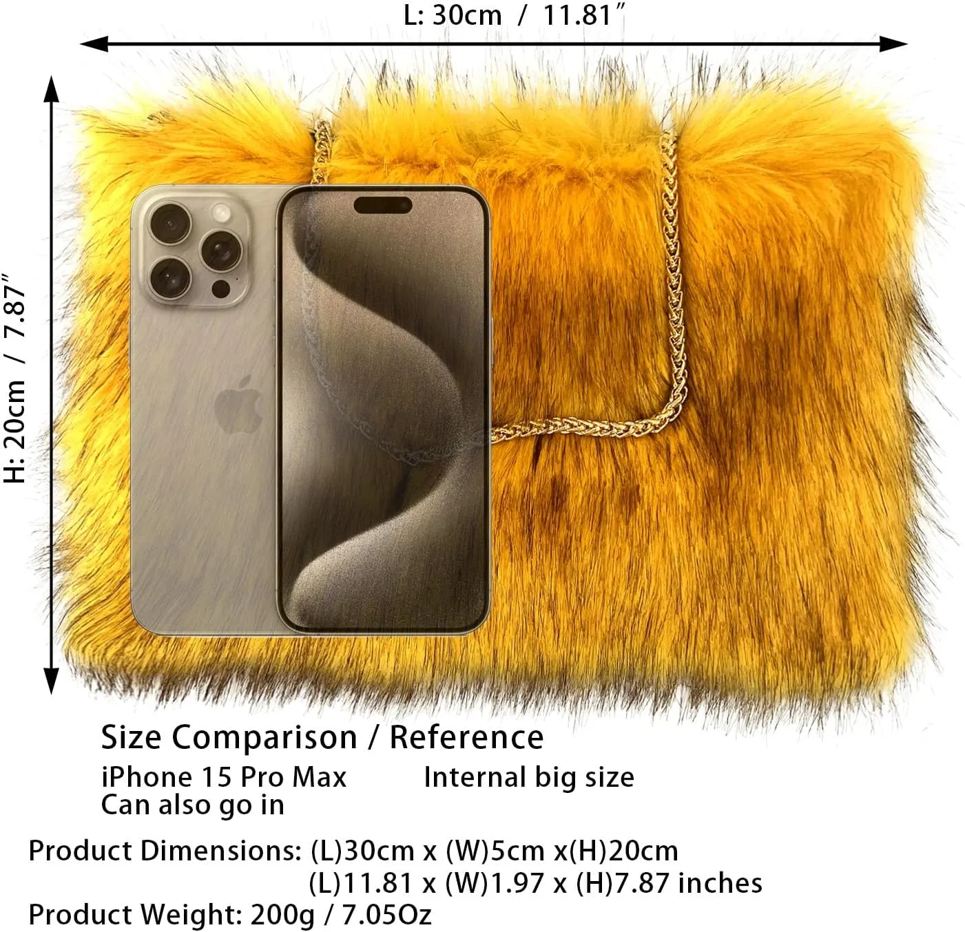 FHQHTH Faux Fox Fur Purse Fuzzy Handbags for Women Evening Handbags Iron Round Chain Strap Shoulder Strap