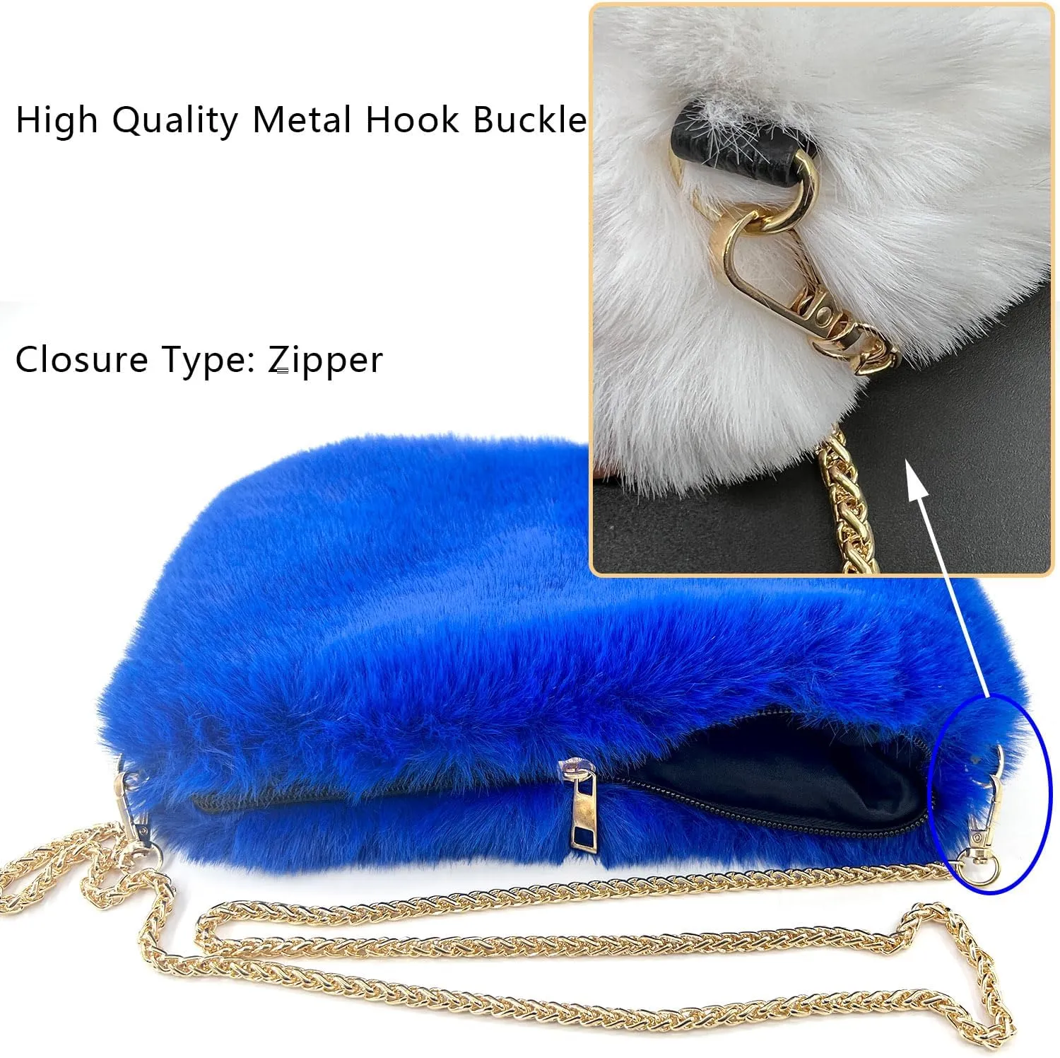 FHQHTH Faux Fox Fur Purse Fuzzy Handbags for Women Evening Handbags Iron Round Chain Strap Shoulder Strap