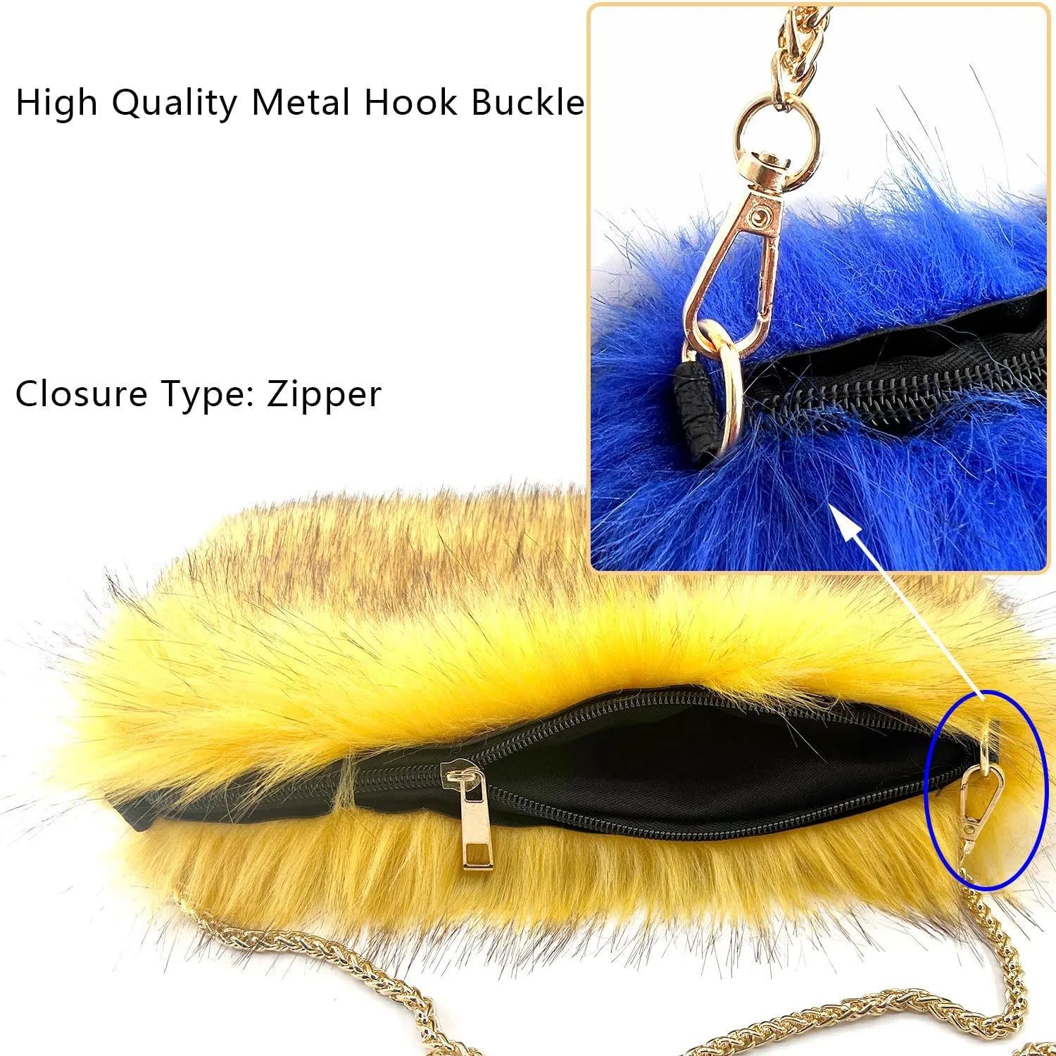 FHQHTH Faux Fox Fur Purse Fuzzy Handbags for Women Evening Handbags Iron Round Chain Strap Shoulder Strap