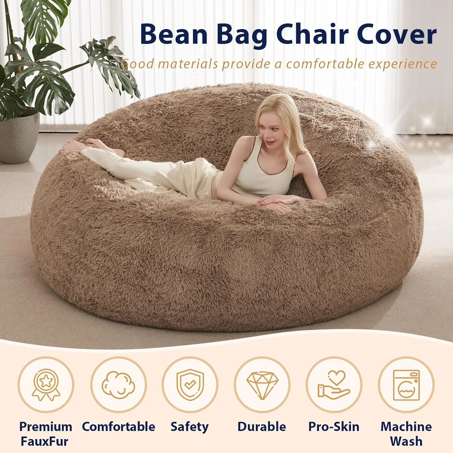 Fluffy Bean Bag for Stuffed Animals Storage, Faux Fur Washable Bean Bag Chair Cover(No Filler) for Textile Plush Toys, Beanbag Chair Cover for Adults Kids Teens, 5FT, Khaki