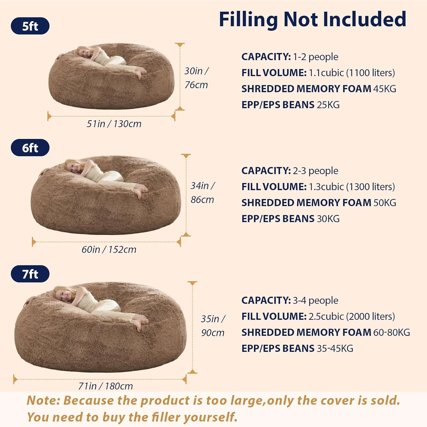 Fluffy Bean Bag for Stuffed Animals Storage, Faux Fur Washable Bean Bag Chair Cover(No Filler) for Textile Plush Toys, Beanbag Chair Cover for Adults Kids Teens, 5FT, Khaki